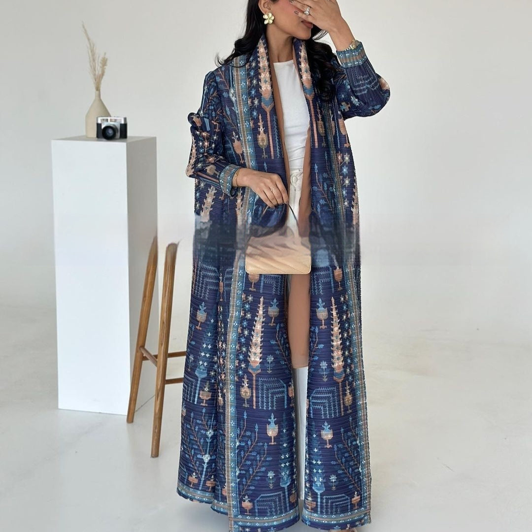 Pleated Trench Djellaba Hot-selling Printed Shawl Cardigan Ethnic Style Cloak Coat