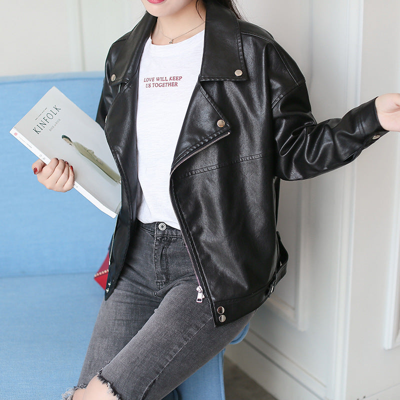 European And American Slim Student Locomotive Loose Boyfriend Style Leather Jacket