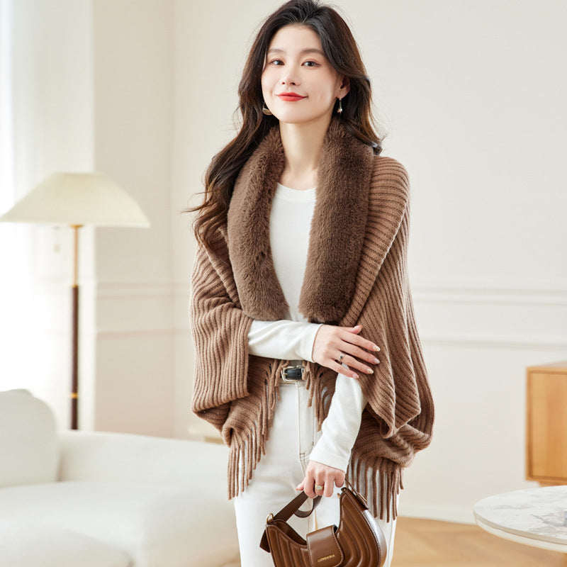 Women's Loose Tassel Fashion Shawl Jacket With Fur Collar