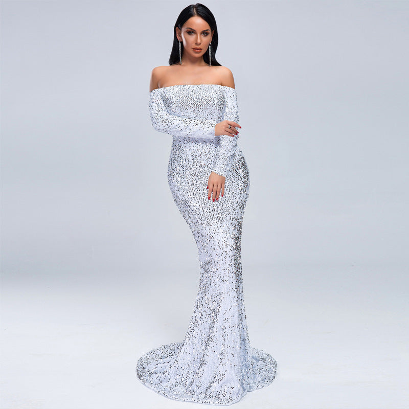 Sexy Strapless Long Sleeve Sequins Party Evening Dress