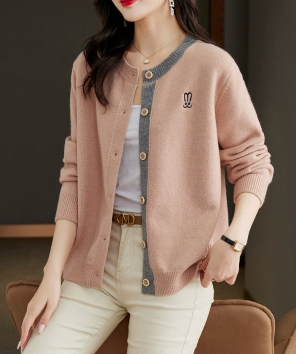 Round Neck Wool Knit Cardigan Women's Loose Western Style Outer Wear