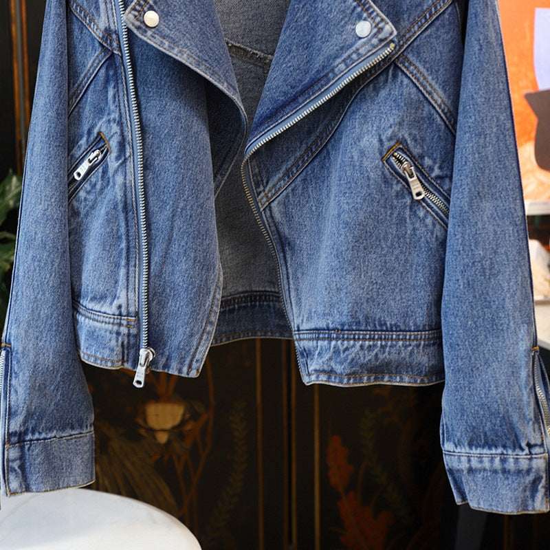 Large Lapel Long-sleeve Zipper Locomotive Style Denim Coat Jacket Women