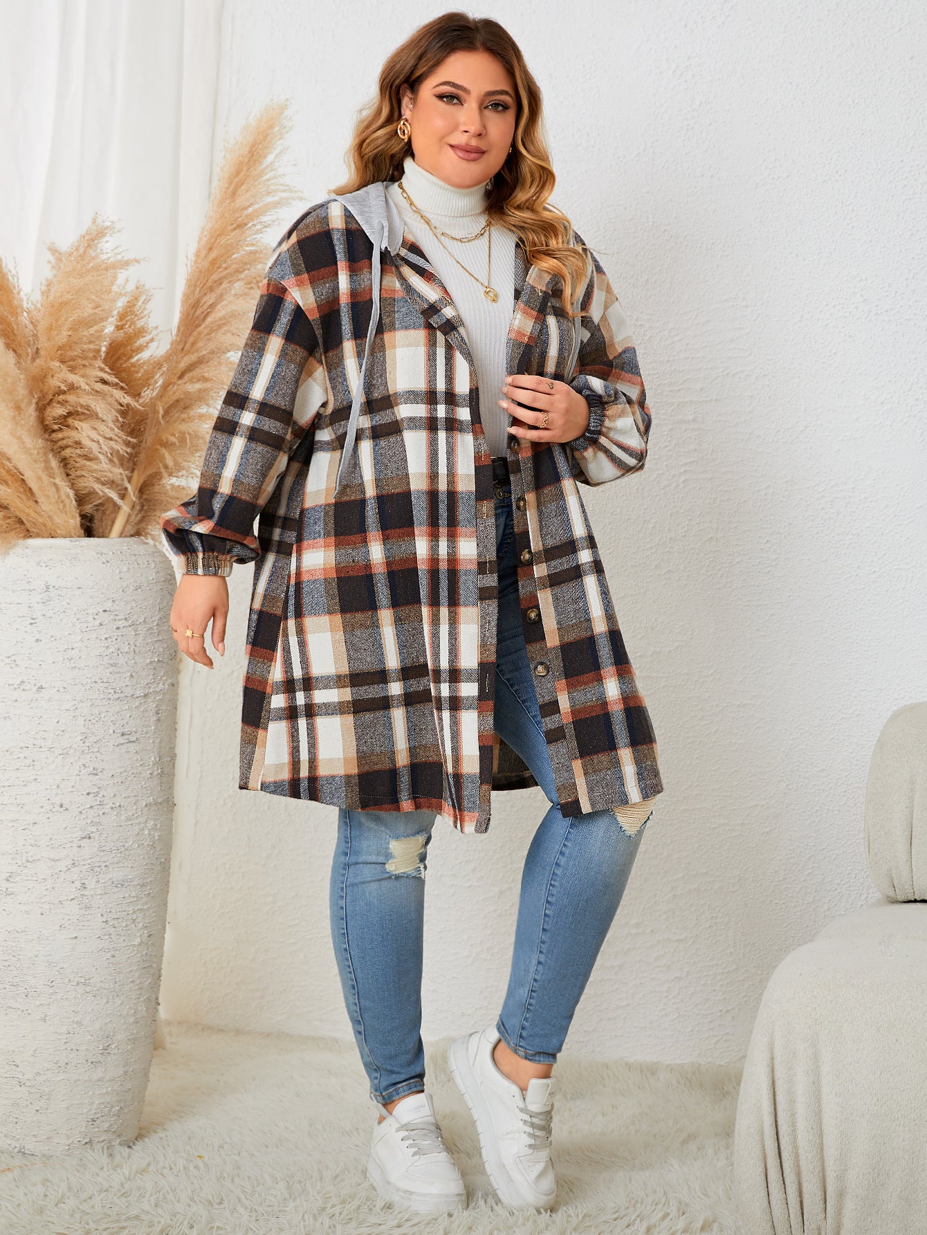 Women Autumn Winter Plus-sized Plaid Hooded Mid-length Coat