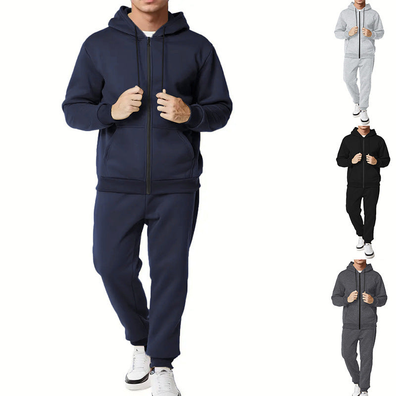 Casual Solid Color Hooded Zip Cardigan Suit