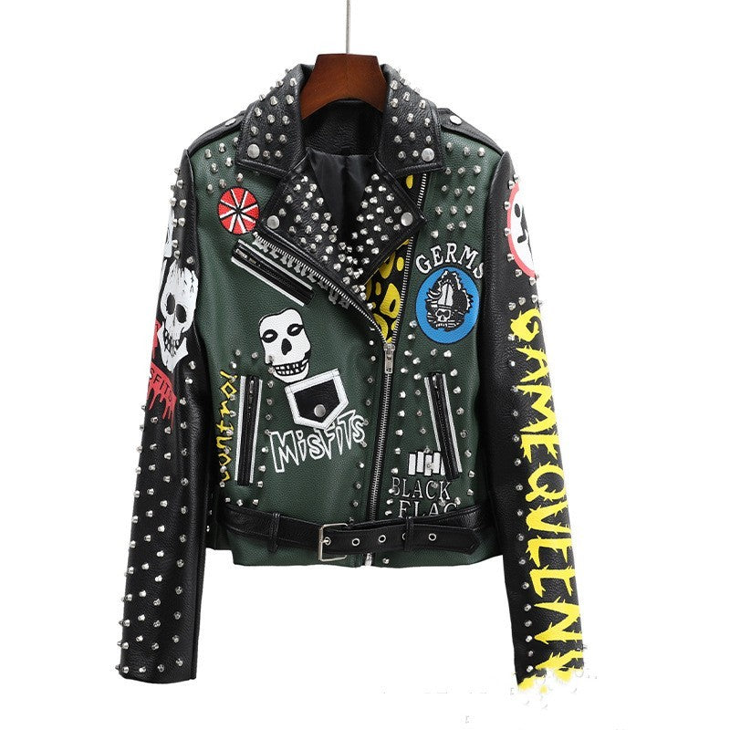 European American Fashion Floral Print Short Motorcycle Jacket