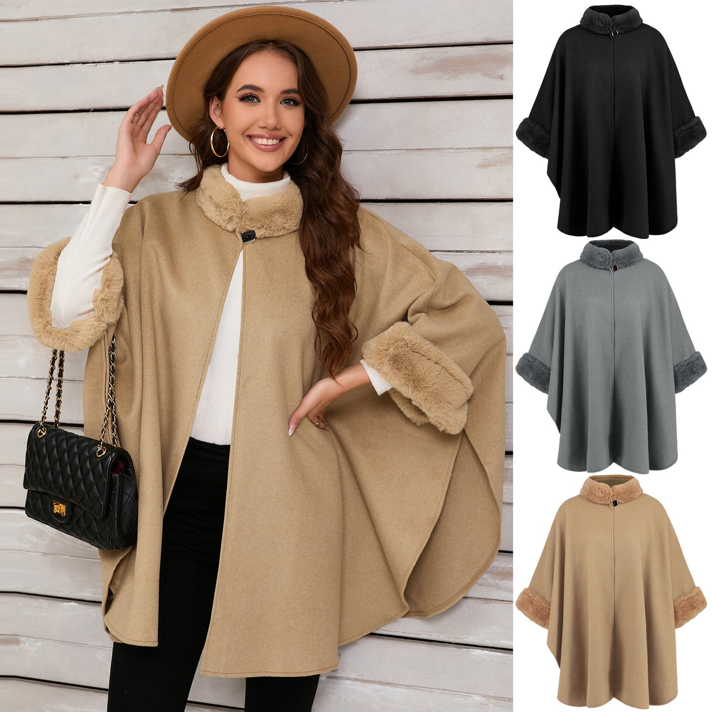 Fashionable Fur Collar Mid-length Coat Cape