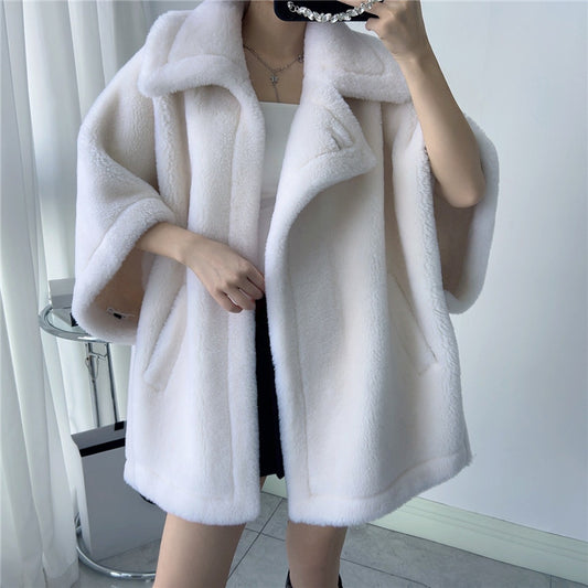 Women Mid-length Loose Batwing Sleeve Lamb Faux Fur Coat