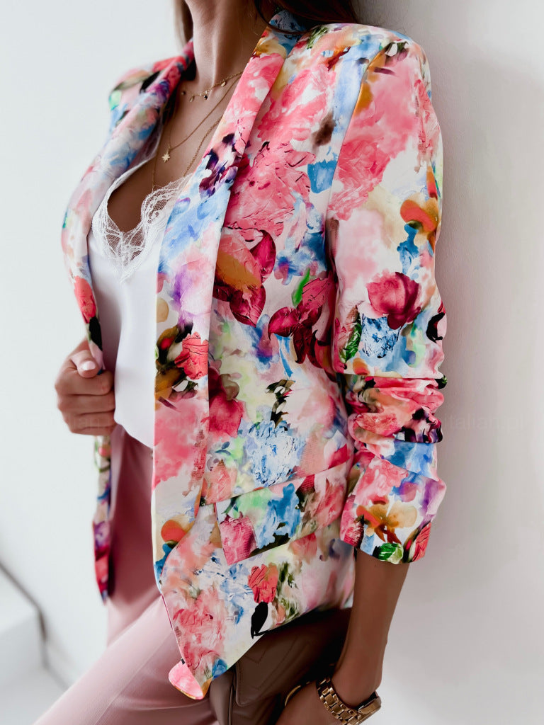 Digital Printing Long Sleeve Lapel Floral Slim Fit Women's Jacket