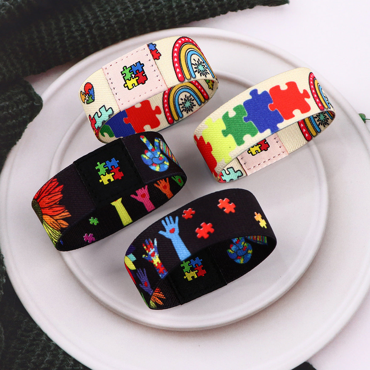 Colorful Puzzle Elastic Wrist Strap Care Autism Sports Elastic Cartoon Bracelet Washable Elastic