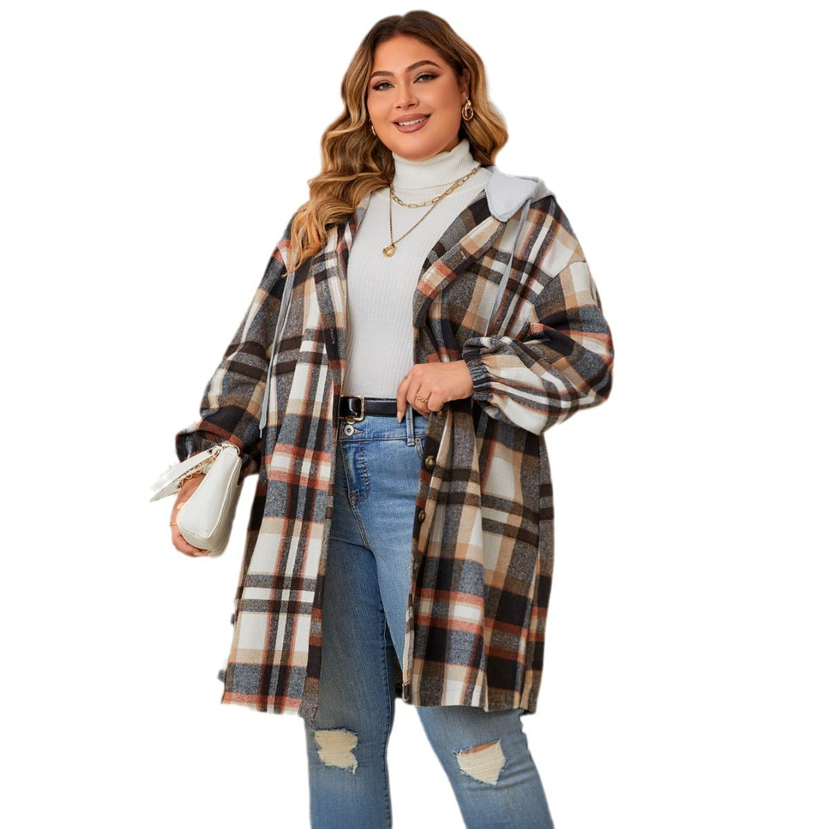 Women Autumn Winter Plus-sized Plaid Hooded Mid-length Coat