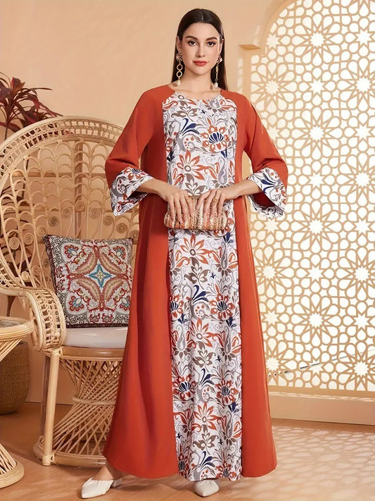 Elegant Floral Print Long Sleeved Abaya Robe Dress