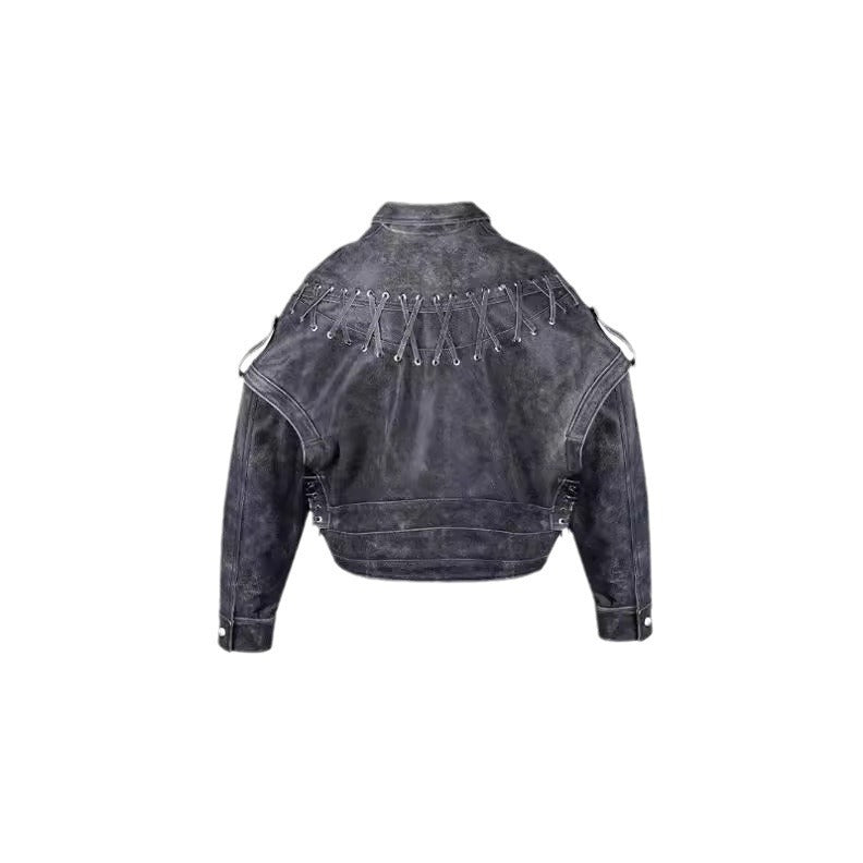 Female Vintage Weave Leather Jacket Coat