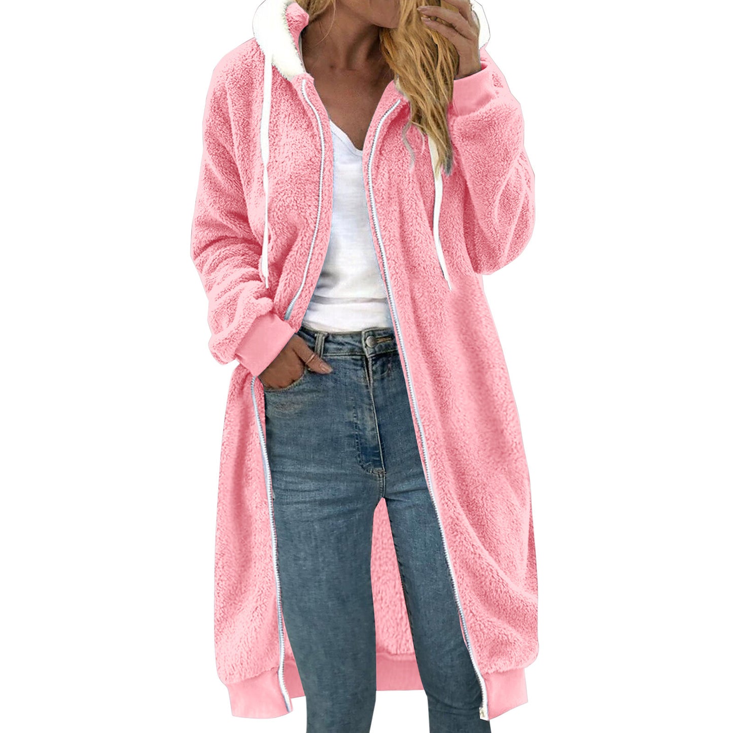 Women Thick Mid-length Double-sided Plush Fur Hooded Long Hoodie