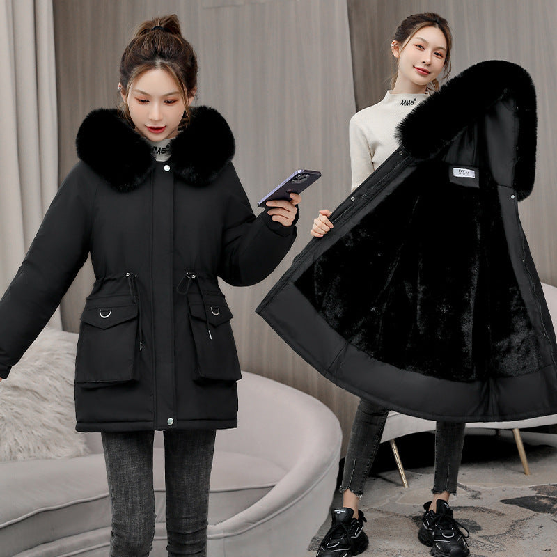 Waist Slimming Elegant Parka Cotton-padded Coat Fur Collar Western Style Velvet Lining Warm Coat