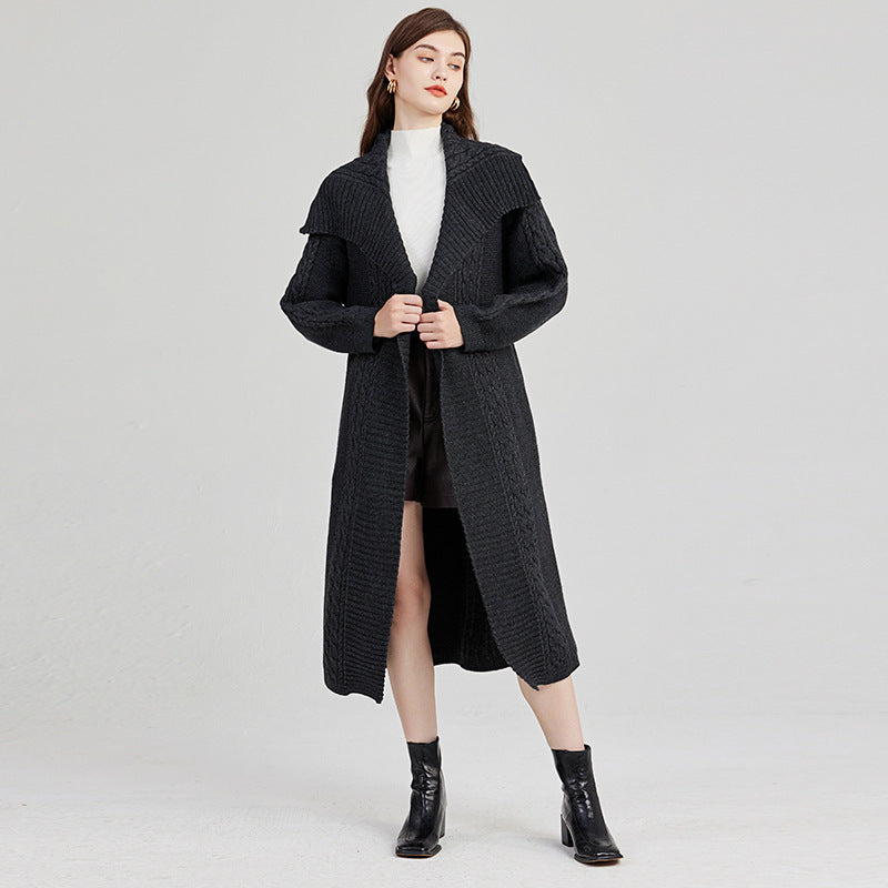 Autumn And Winter Western Style European And American Style Loose Large Twist Lapel Sweater Coat With Belt