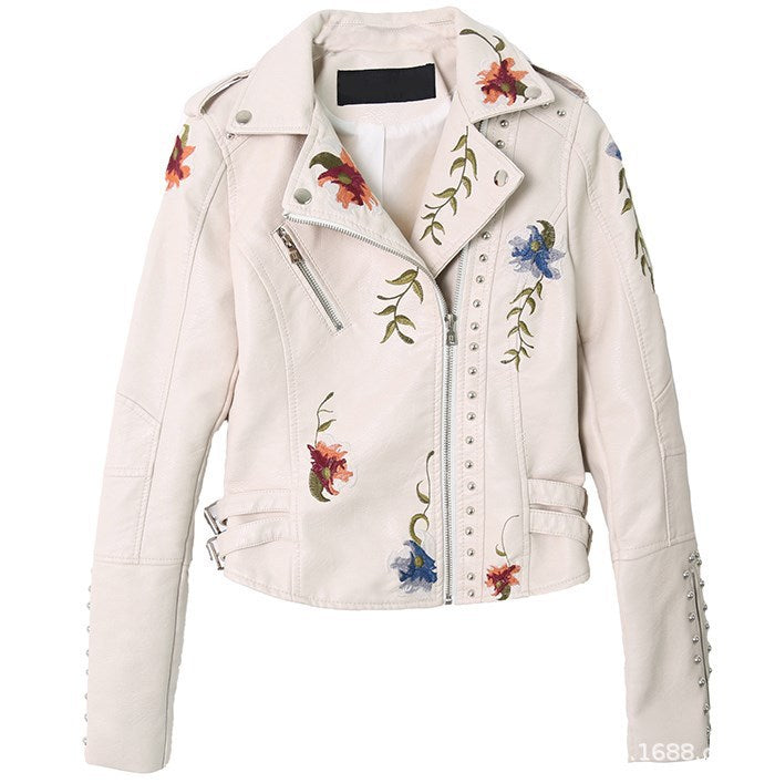 Embroidered studded leather jacket