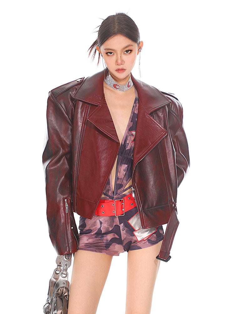 Stand Collar Jacket Motorcycle Leather Coat Women