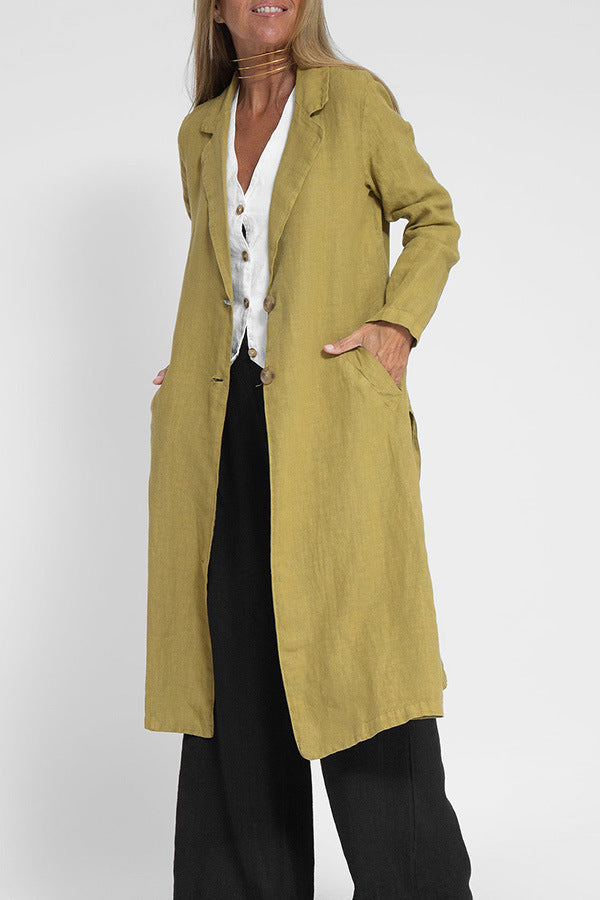 Women's Fashion Casual Cotton Linen Suit Collar Pocket Trench Coat