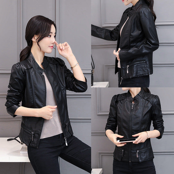 New Spring And Autumn Korean Style Motorcycle Stand-up Collar Slim Fit Slimming Leather Coat