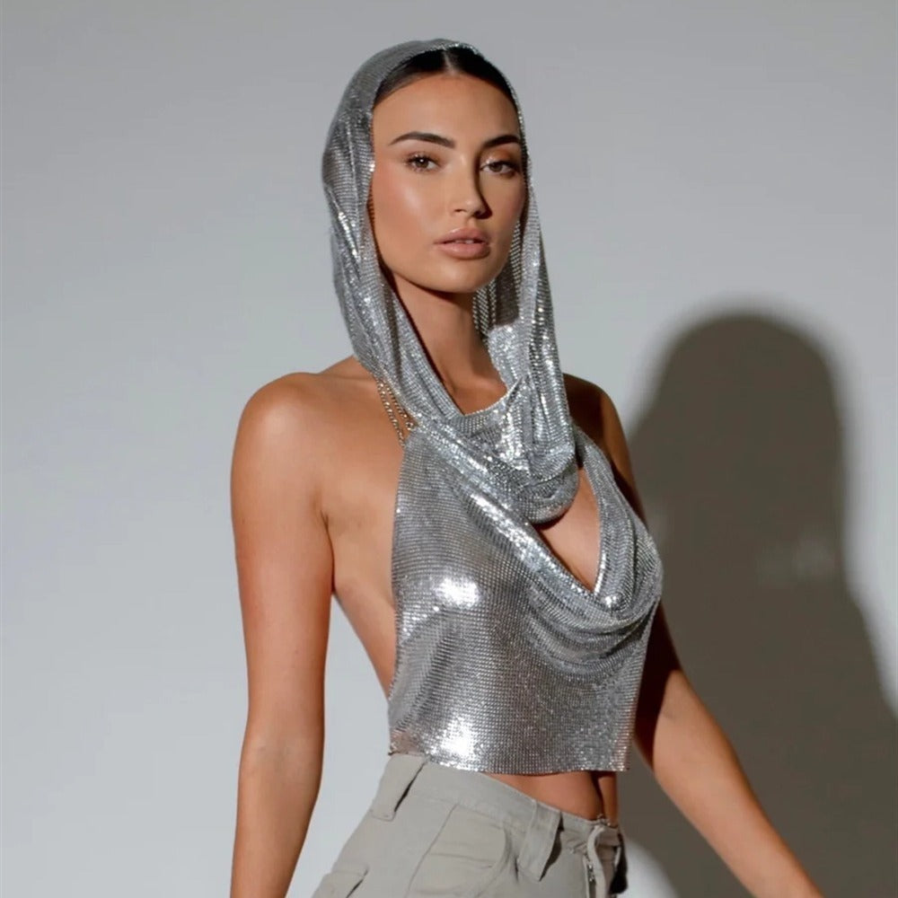 Back Slit Metal Sequins Top Scarf Two-piece Set