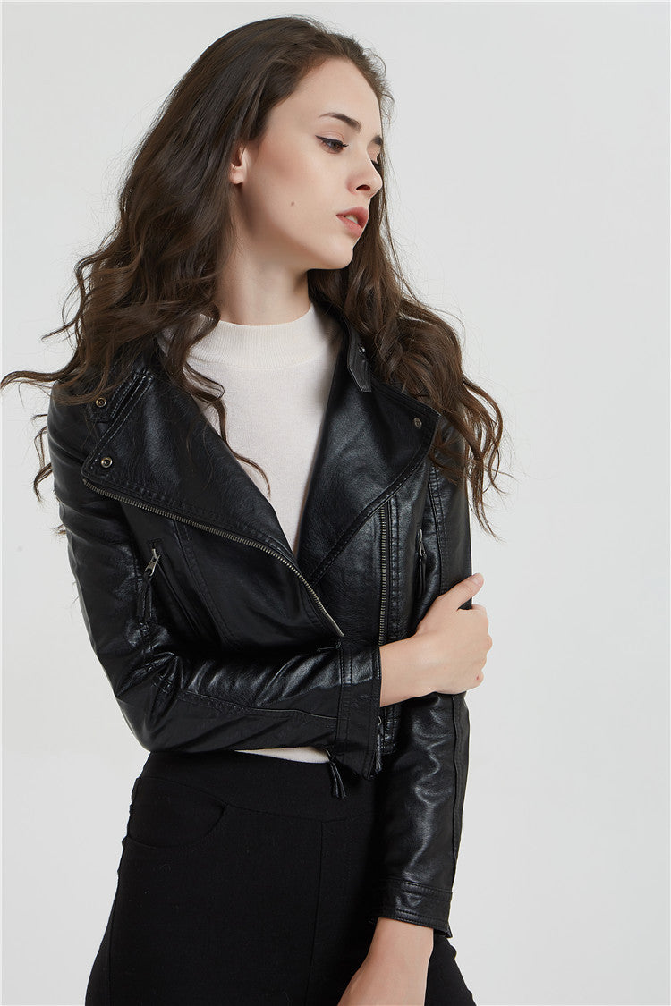 Fashion Women's Short Jacket With Washed Leather And Rivets