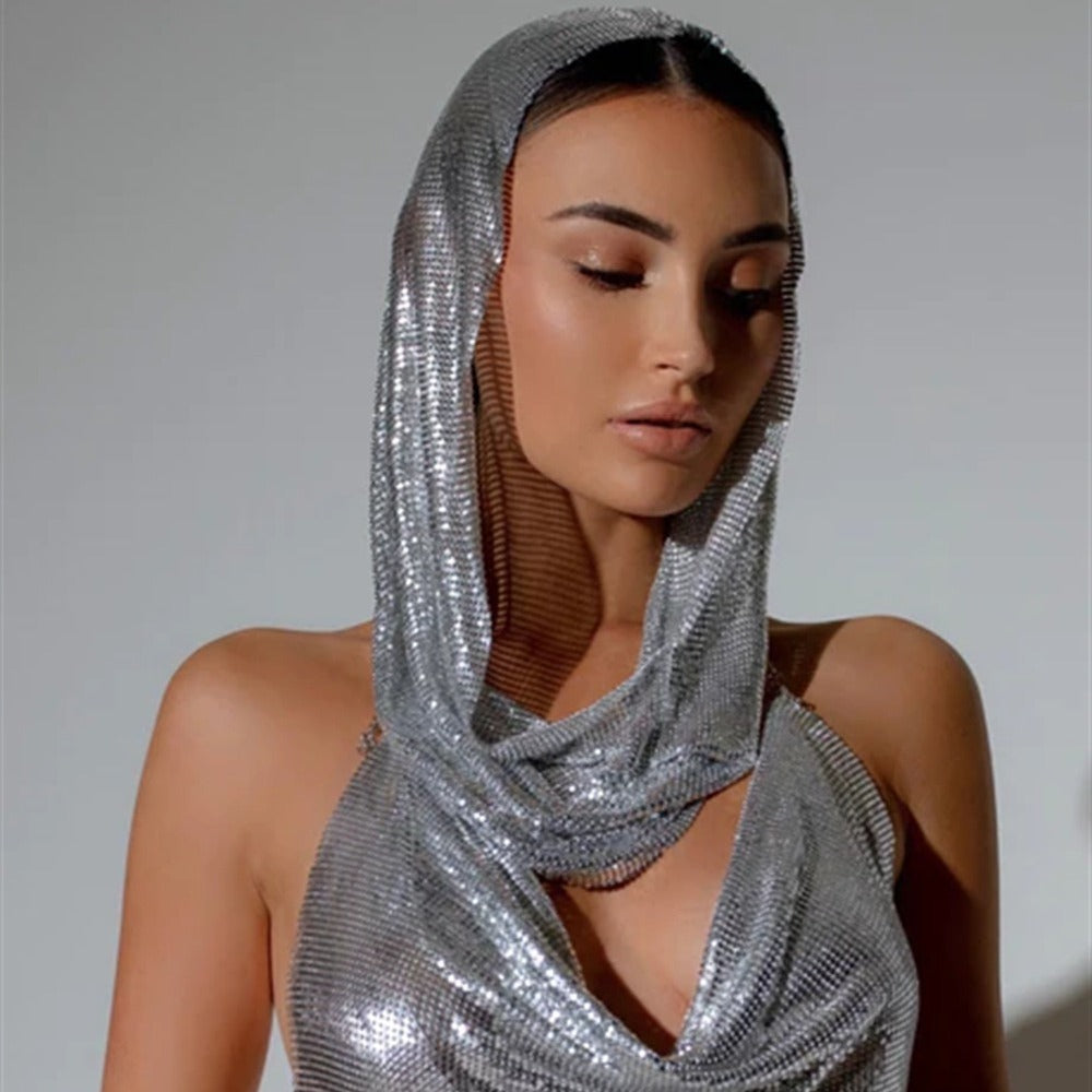 Back Slit Metal Sequins Top Scarf Two-piece Set