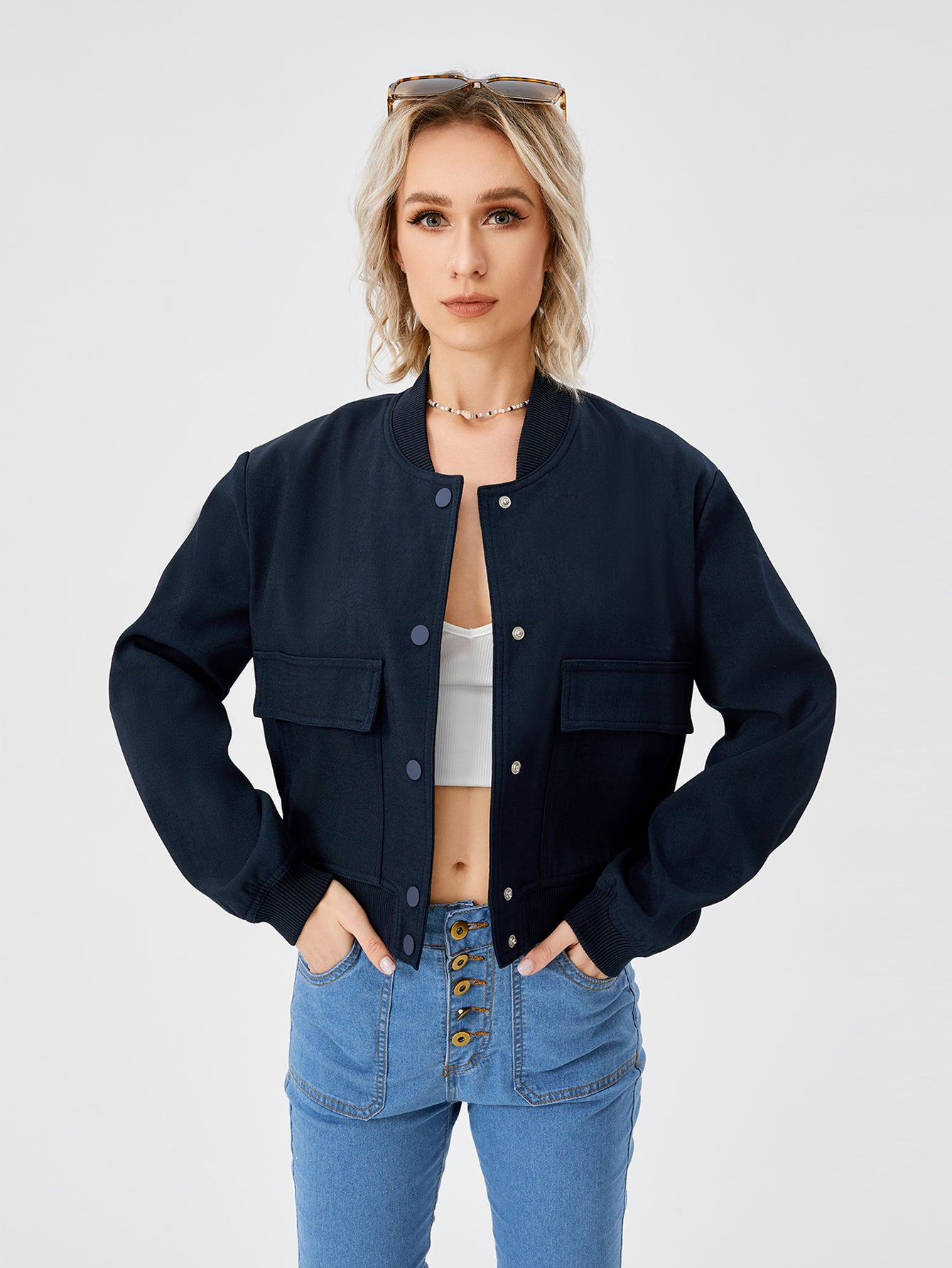 Women Lightweight Casual Cropped Bomber Jacket