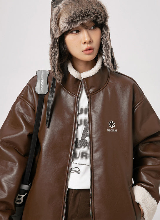 Lambswool PU Leather Thickened Warm Cotton Jacket