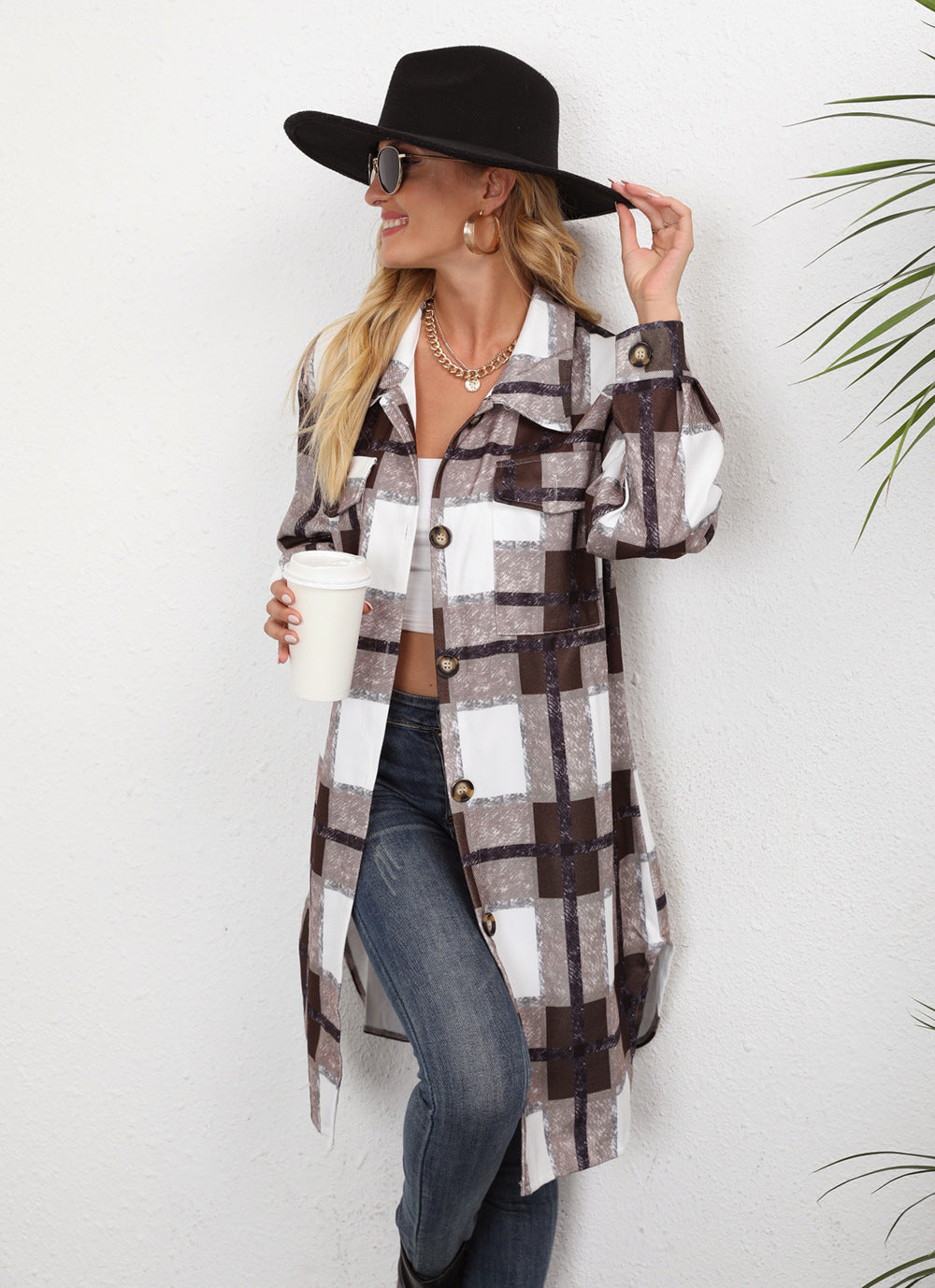 Women's Plaid Single-breasted Lapel Long-sleeved Coat