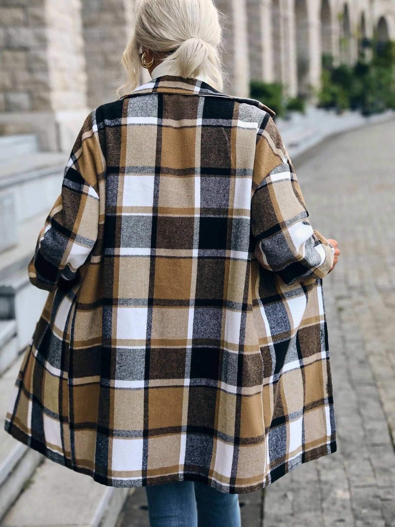 Women Casual Plaid Printed Pocket Long Jacket