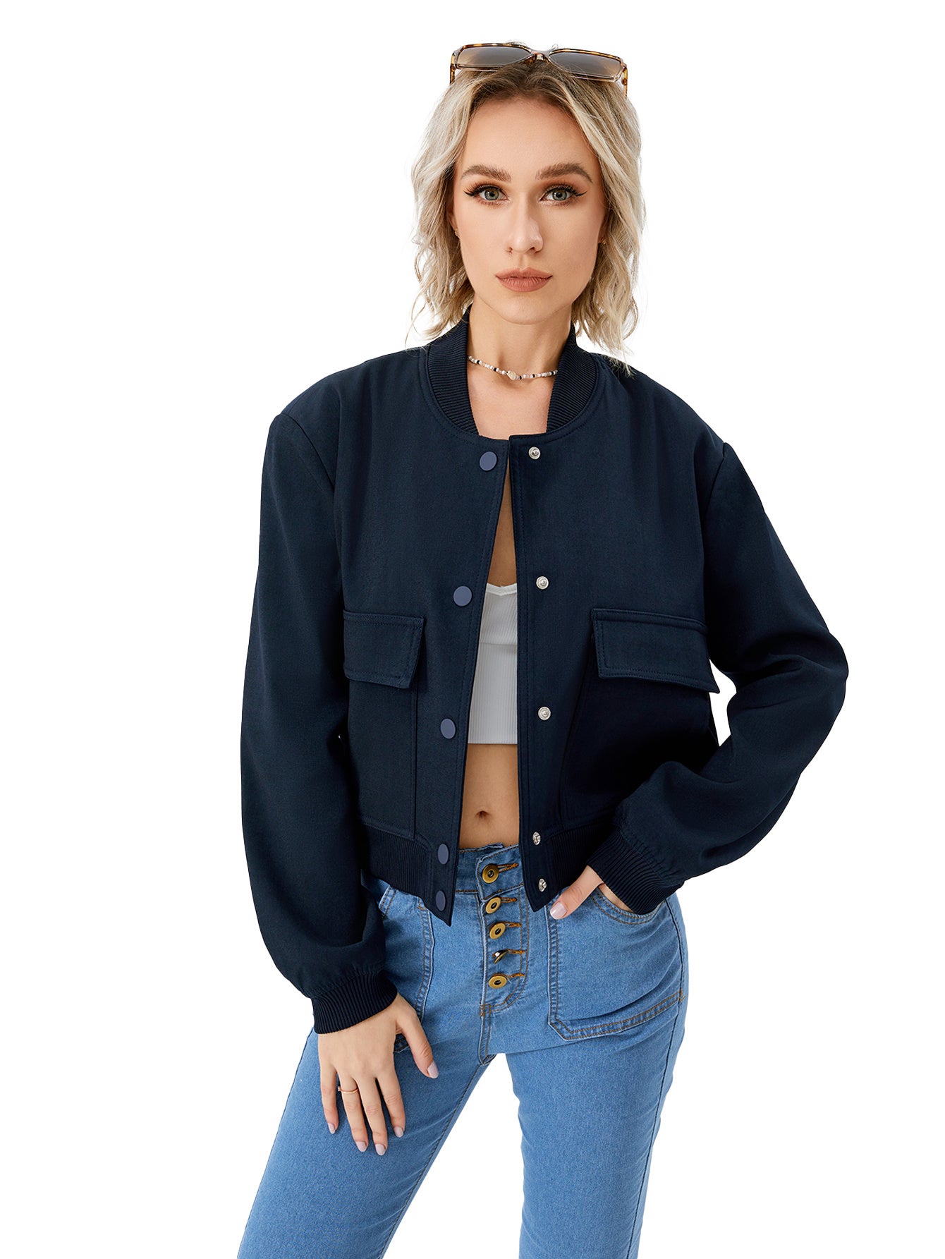 Women Lightweight Casual Cropped Bomber Jacket