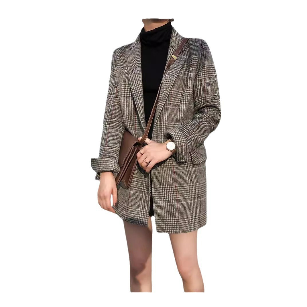 Season New Checkered Suit Retro Loose All-match Mid-length Woolen Plaid Suit