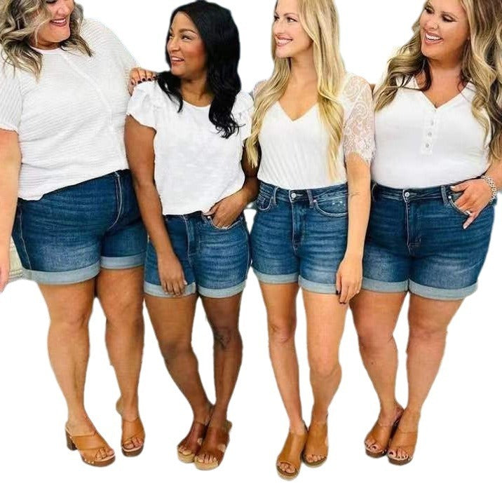 Europäische und amerikanische Jeans-Shorts für Damen in Übergröße