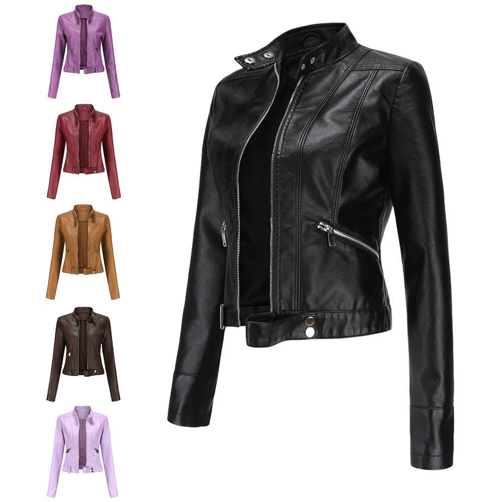 Women's Short Leather Jacket Stand Collar Jacket Thin